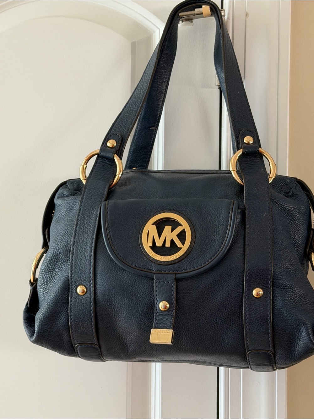 Michael Kors Navy Leather Shoulder Bag with Gold MK Emblem